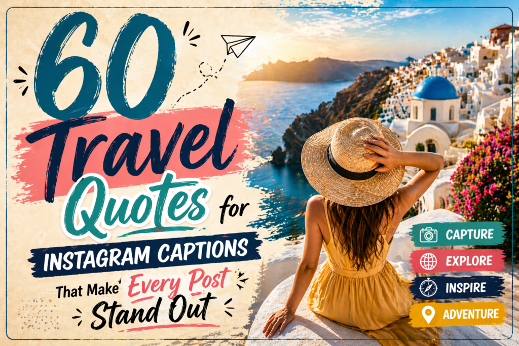 Inspirational travel quote on beach sunset background perfect for Instagram captions