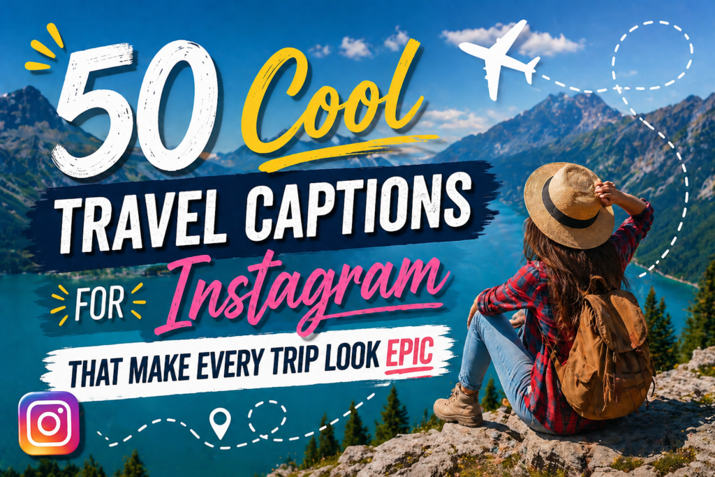 A traveler standing on a cliff edge overlooking a vast mountain valley, arms wide open, sunrise lighting, cinematic, ultra realistic, vibrant colors, 16:9, bold text: “Cool Travel Captions”