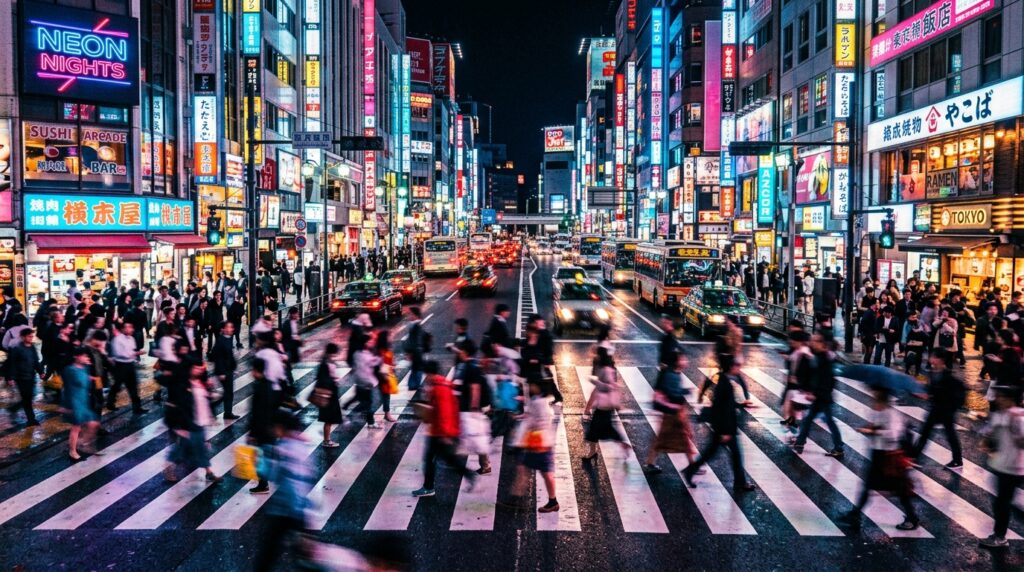 Busy city street at night with neon lights and motion blur, representing short one word travel captions for urban adventures-120 One Word Travel Captions and Quotes for Instagram 