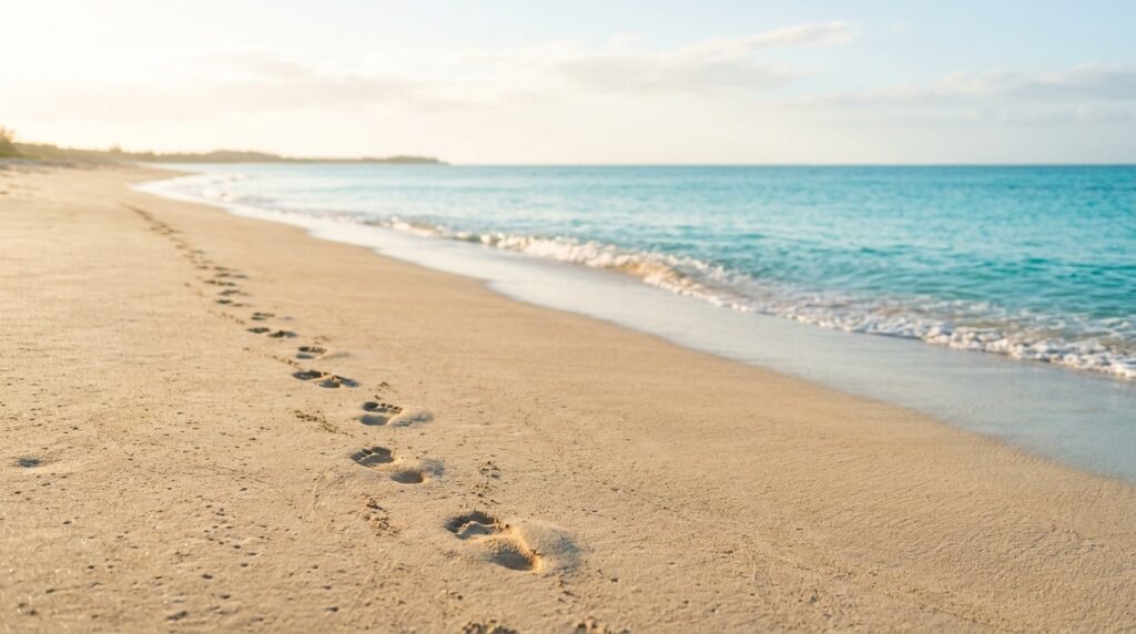 Peaceful beach view with footprints in sand reflecting short travel quotes and Instagram travel captions-75 Inspirational Travel Quotes