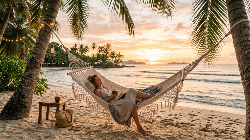 Inspirational travel quote on beach sunset background perfect for Instagram captions