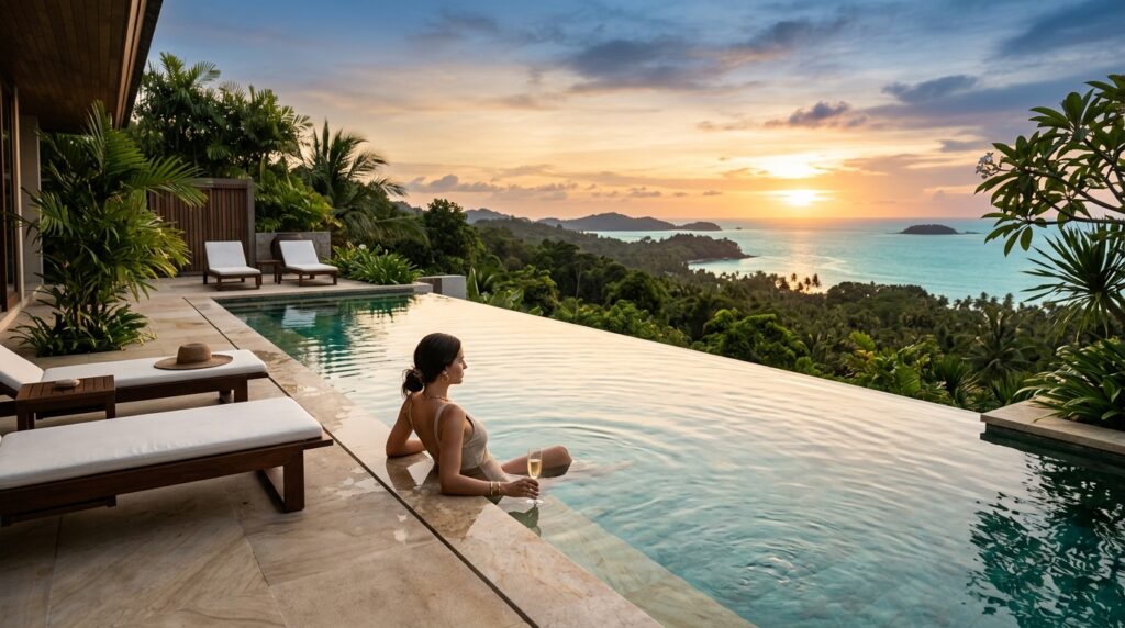 Luxury infinity pool overlooking tropical ocean at sunset, perfect for aesthetic one word travel captions for Instagram-120 One Word Travel Captions and Quotes for Instagram 