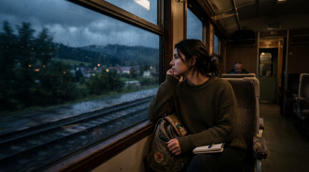 120 One Word Travel Captions and Quotes for Instagram-Solo traveler sitting by a window looking outside thoughtfully, capturing the mood of one word captions for solo travel