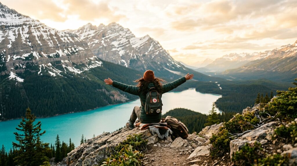 Solo traveler sitting on a cliff overlooking a turquoise mountain lake with snowy peaks, perfect one word travel caption inspiration-120 One Word Travel Captions and Quotes for Instagram 