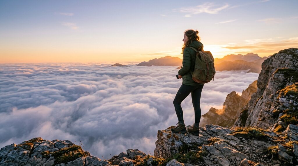 Inspirational travel quote scene with a traveler standing on a mountain at sunrise, symbolizing wanderlust and adventure travel inspiration-75 Inspirational Travel Quotes