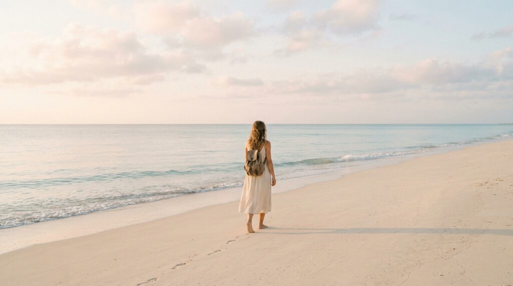 120 One Word Travel Captions and Quotes for Instagram - Minimal beach scene with calm ocean horizon and soft pastel tones, ideal for aesthetic one word travel captions