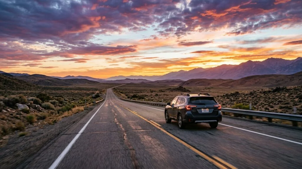 Open road at sunset symbolizing wanderlust quotes, travel freedom, and life-changing travel journeys-75 Inspirational Travel Quotes